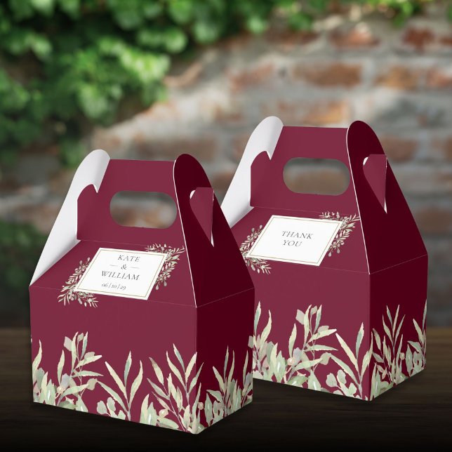 Ballotins Mariage Feuillage de verdure Or de Bourgogne (Burgundy Gold Greenery Foliage Wedding Favor Boxes)