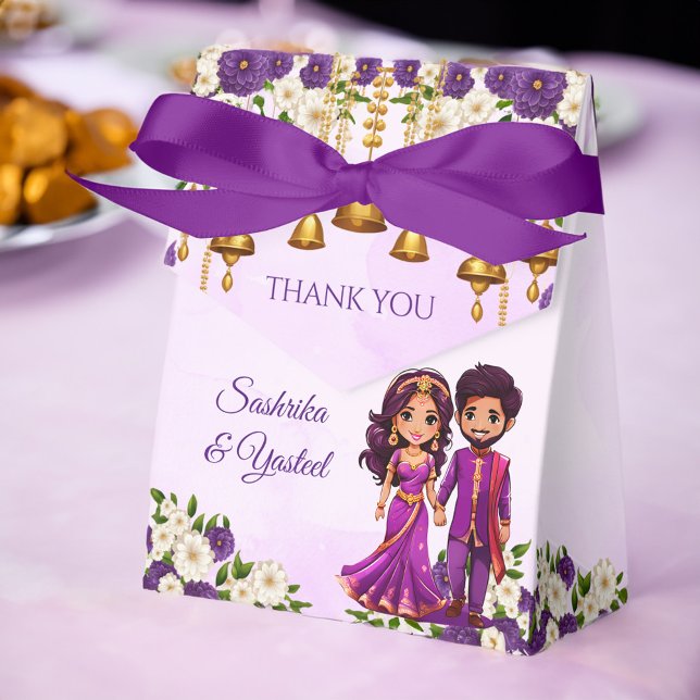 Ballotins Mariage indien Mehndi violet mignon couple nuptial (Indian wedding Mehndi Sangeet favors purple flowers cute bridal couple caricature printed Favor Box)