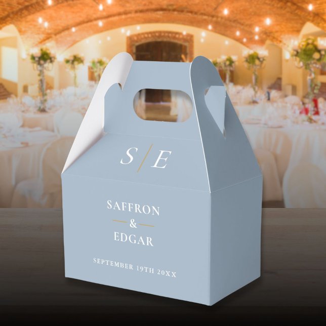 Ballotins Mariage Monogramme bleu et or Dusty (Dusty Blue And Gold Monogram Wedding Favor Boxes)