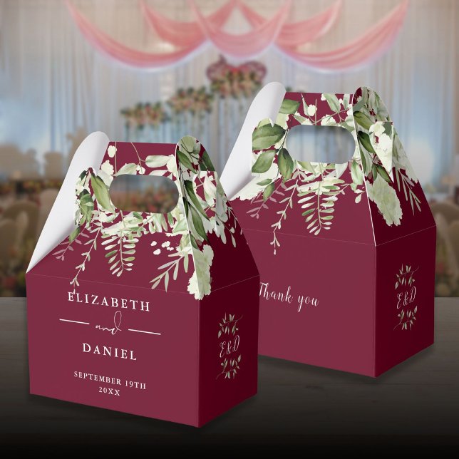 Ballotins Mariage Monogramme de Fleurs de Verdure de Bourgog (Burgundy Floral Greenery Monogram Wedding Favor Boxes)