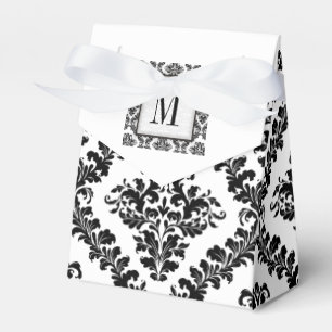 Ballotins Mariage monogramme noir, blanc damassé