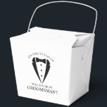 Ballotins Mariage noir Tuxedo Suit Groomsman Proposition<br><div class="desc">Rendre votre Mariage inoubliable - Ajoutez une touche personnelle avec une proposition de toiletteur des boîtes-cadeaux avec une combinaison en tuxedo noir et une illustration de cravate arc avec message de proposition de groomsmen dans une police serif classique.</div>