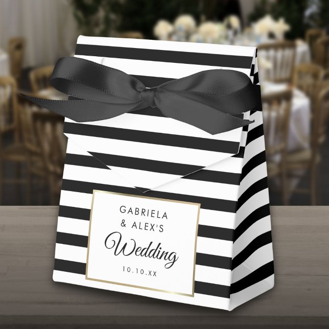 Ballotins Mariage Or Élégant De Bande Noire Et Blanche (Black And White Stripe Elegant Gold Wedding Favor Box)