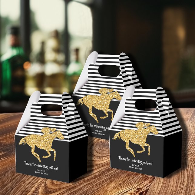 Ballotins Mariage Thème Derby Cadeaux de Fête de Fiançailles (Gold racehorse on black and white Derby-theme bridal shower gable favor boxes)