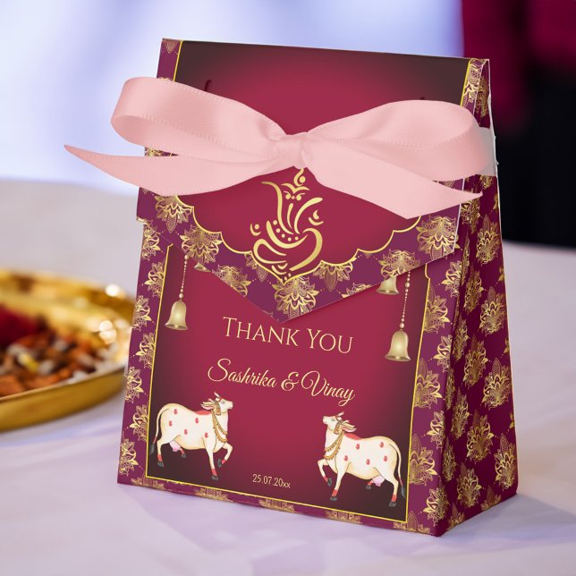 Ballotins Maroon or Ganesha Gomata mariage indien faveurs (Maroon gold Ganesha Gomata Indian wedding favors personalized Favor Box)
