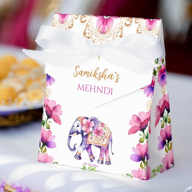 Ballotins Mehndi mariage indien éléphant fleurs roses (Mehndi Indian wedding cute decorated elephant pink flowers Favor Box)