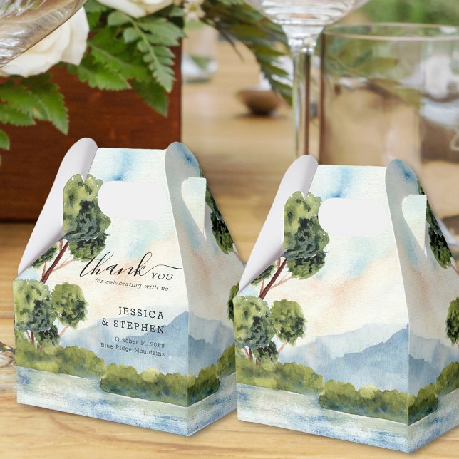 Ballotins Merci de Mariage d'aquarelle À feuillage persistan (Personalized Wedding favor boxes from Lake Evergreen collection)