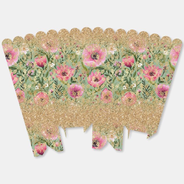 Ballotins Moderne Pailleté Doré Chic Fleurs Roses Vertes (Déplié)