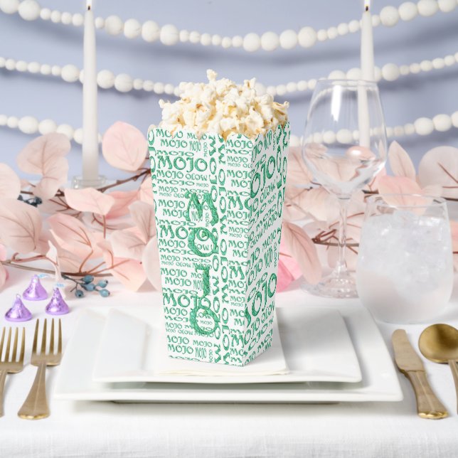 Ballotins Mojo vert partout sur les boîtes de pop-corn blanc (Mariage)