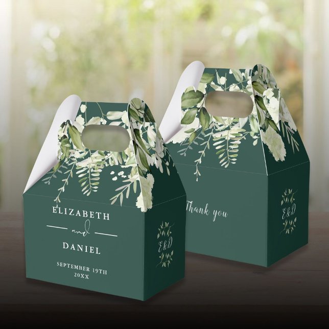 Ballotins Monogramme de mariage à la verdure florale émeraud (Emerald Floral Greenery Monogram Wedding Favor Boxes)