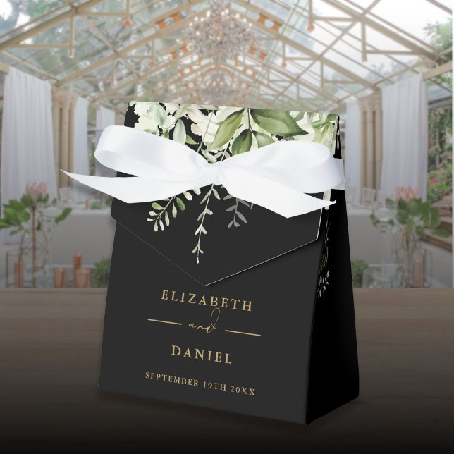 Ballotins Monogramme de verdure florale Mariage noir et or (Floral Greenery Monogram Black And Gold Wedding Favor Boxes)