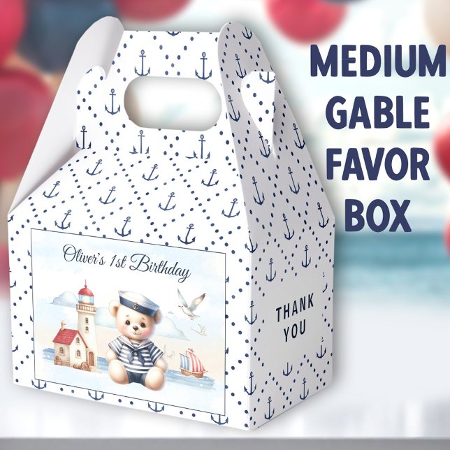 Ballotins Nautique Ours 1er Anniversaire Moyen Gable (Sailor Bear Medium Gable Favor Boxes -  You can choose from 3 sizes of these gable favor boxes)