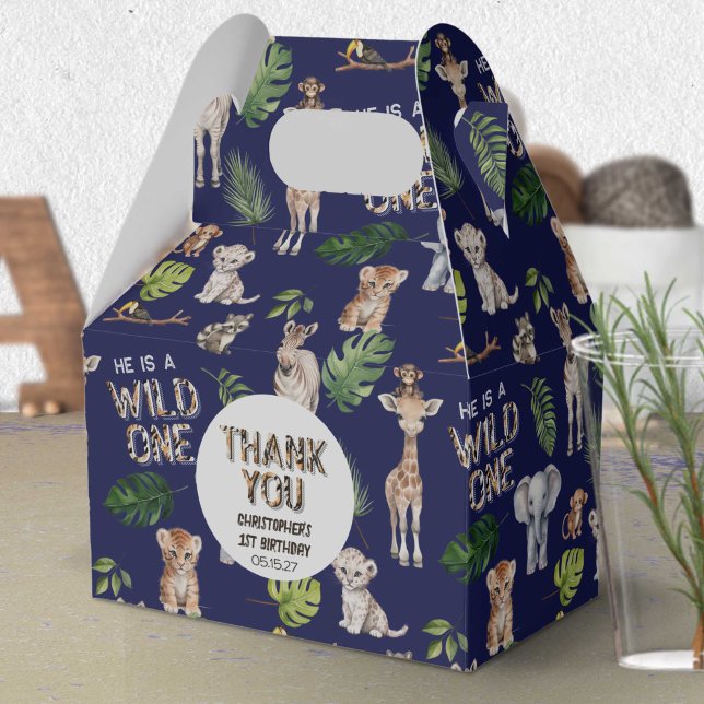 Ballotins Navy Blue World One Theme Safari Animaux Anniversa (Navy Blue, Wild One Safari Themed 1st birthday favor box.)