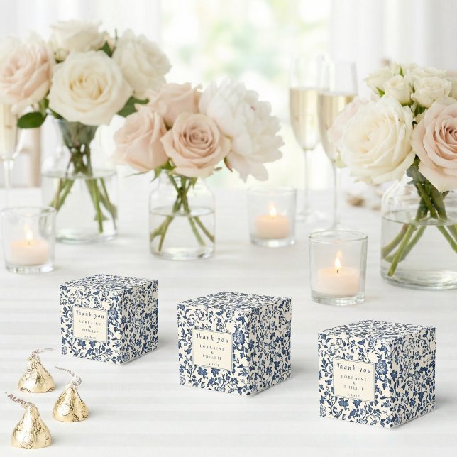 Ballotins Navy Chinoiserie Floral Wedding Thank You (Navy Chinoiserie Floral Wedding Thank You Favor Boxes)