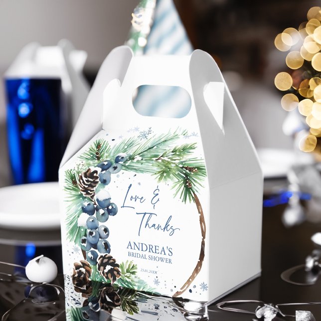 Ballotins Neige amoureuse hiver nuptiale pins de douche wrea (Snow in love winter bridal shower pines blue winter berries wreath template favor box dusty blue)