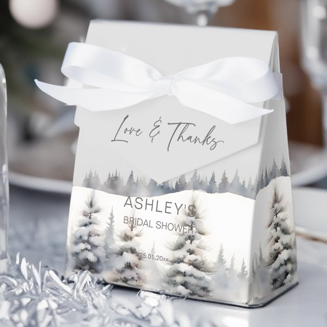 Ballotins Neige en amour hiver pinède nuptiale douche favo (Snow in love winter pine forest bridal shower favor box pastel grey sage green snowy pines favor box)