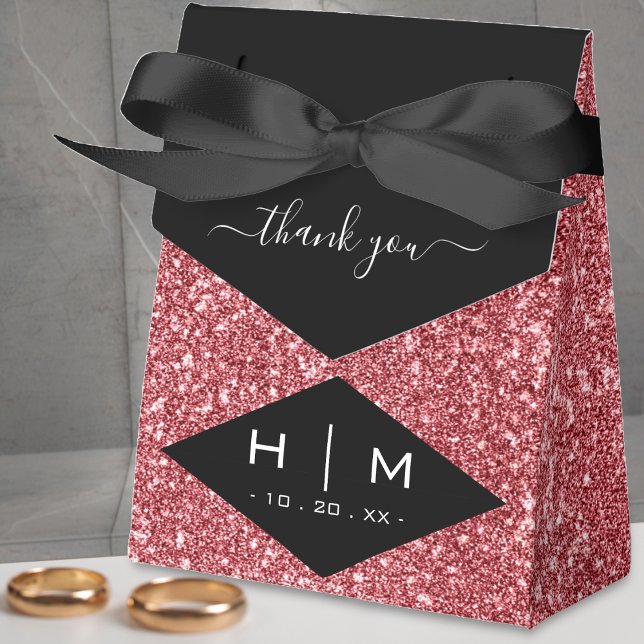 Ballotins Noir et Rose Parties scintillant or Chic Merci Mar (black & pink rose gold glitter monogram thank you favor box)