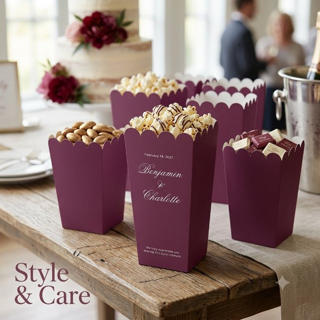 Ballotins Nom de la célébration de mariage Date Popcorn bord (Wedding Celebration Name Date Burgundy Popcorn Favor Boxes)