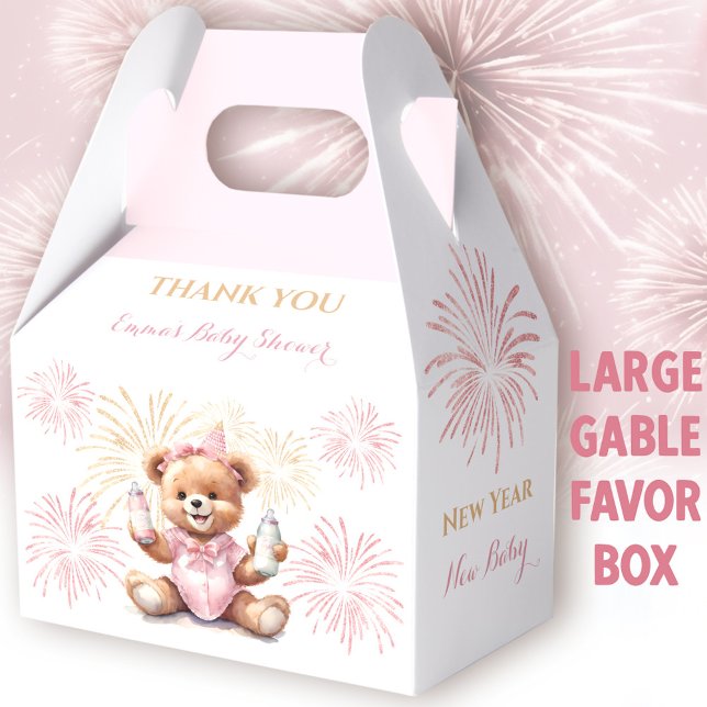 Ballotins Nouvel An Baby shower fille rose Grand Gable (New Year Pink Bear Large Gable Favor Box -  You can choose from 3 sizes of these gable favor boxes)