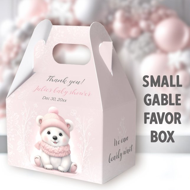 Ballotins On Peut Attendre De Près L'Ours Polaire Baby showe (Pink Polar Bear Small Gable Favor Boxes - You can choose from 3 sizes of these gable favor boxes)