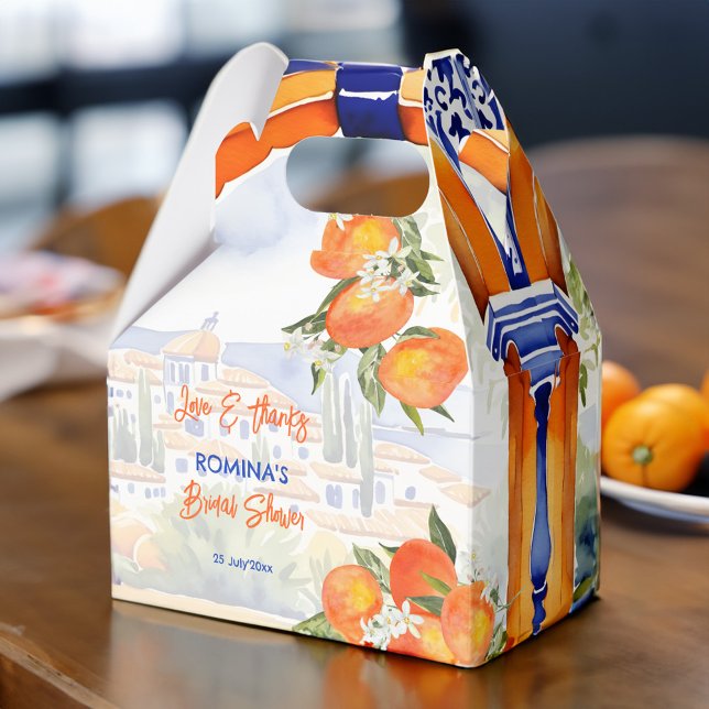 Ballotins Orange bleu azulejo talavera tuiles douche nuptial (Orange blue azulejo talavera tiles oranges Spanish bridal shower favor box printed personalized)