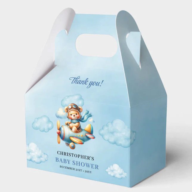 Ballotins Ours en peluche aviateur modifiable Bleu Marron Ga (Editable Teddy Bear Aviator Blue Brown Boy Shower Favor Box

)