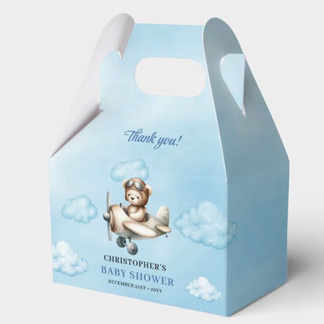 Ballotins Ours en peluche moderne Aviateur Bleu Marron Garço (Modern Teddy Bear Aviator Blue Brown Boy Shower Favor Box

)