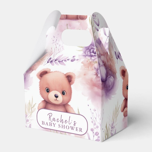Ballotins Ours en peluche violet et fleurs - Baby Shower (Verso)