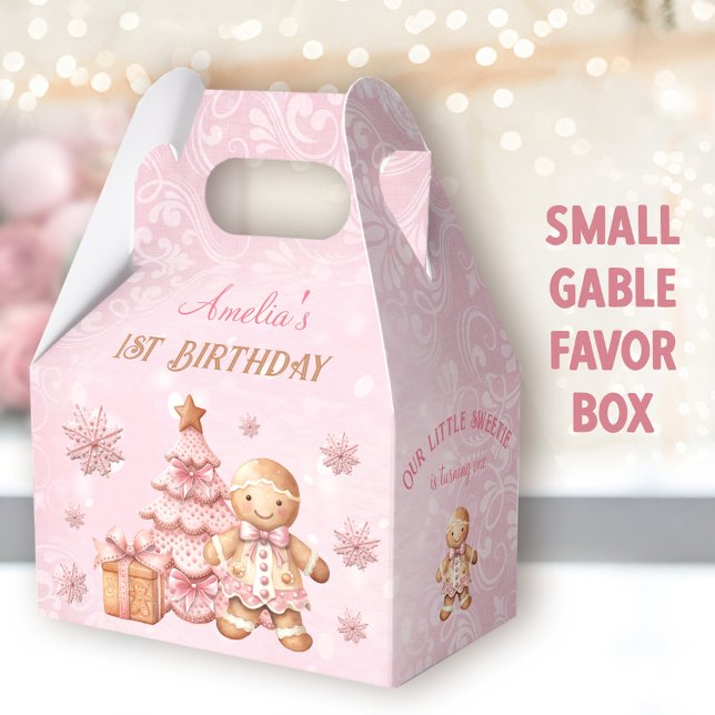 Ballotins Pain d'épices Fille rose Noël 1er anniversaire Gab (Gingerbread Birthday Small Gable Favor Boxes -You can choose from 3 sizes of these gable favor boxes)