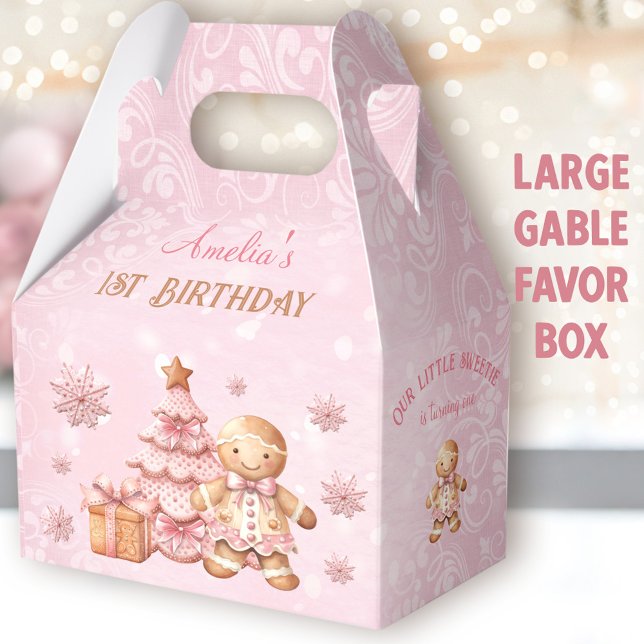 Ballotins Pain d'épices rose Noël 1er anniversaire Grand (Gingerbread Birthday Large Gable Favor Boxes -You can choose from 3 sizes of these gable favor boxes)