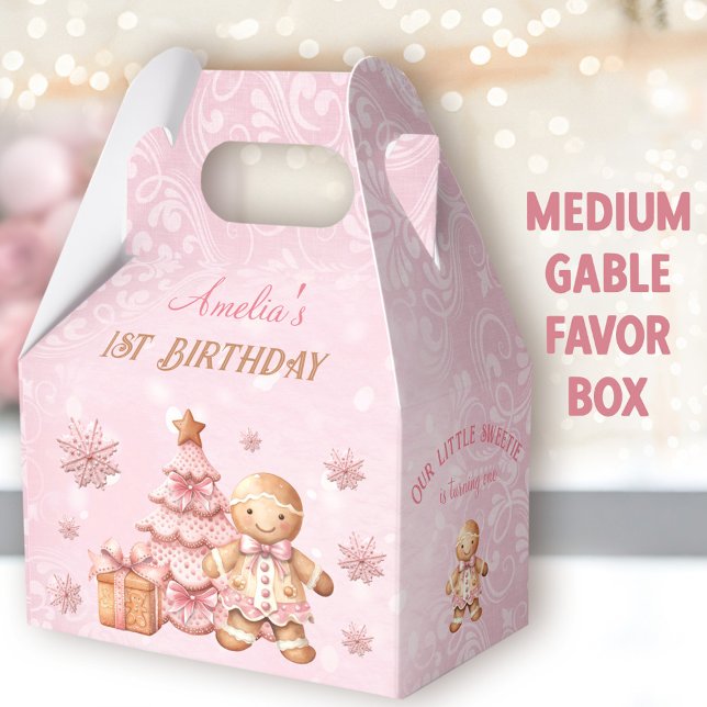 Ballotins Pain d'épices rose Noël 1er anniversaire Moyen (Gingerbread Birthday Medium Gable Favor Boxes - You can choose from 3 sizes of gable favor boxes)