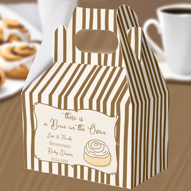 Ballotins Pains au four fête de bébé personnalisés  (Bun in the oven baking baby shower personalized favor boxes brown stripes coffee baby shower brunch)
