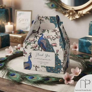 Ballotins Paons bleus élégants et fleurs ivoire