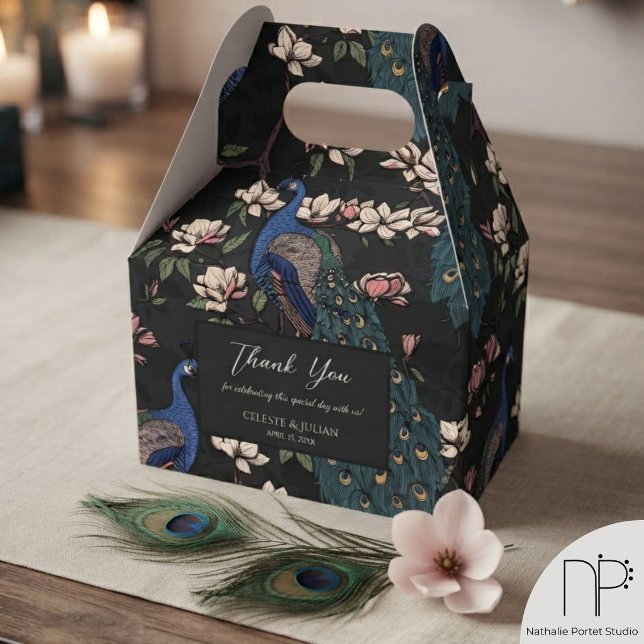 Ballotins Paons bleus élégants et fleurs noir (Elegant hand-drawn peacock and magnolia flower black Thank You favor box)