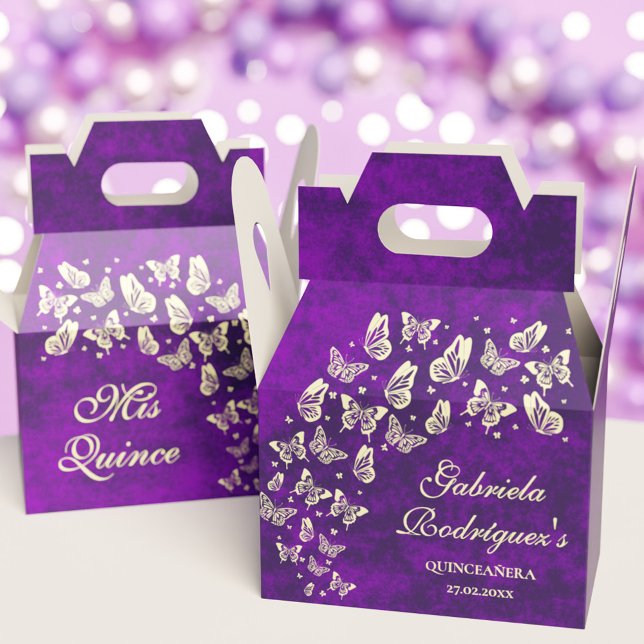 Ballotins Papillon pourpre or Quinceañera 15e anniversaire (Purple Gold Butterfly Quinceañera 15th Birthday Favor Boxes)