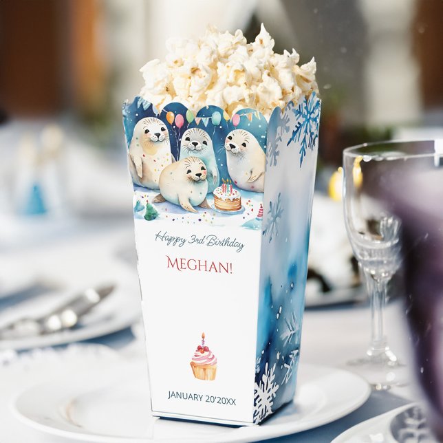 Ballotins Phoque arctique anniversaire d'hiver pop-corn pers (Arctic seal winter birthday party personalized popcorn favor boxes winter wonderland party supplies)