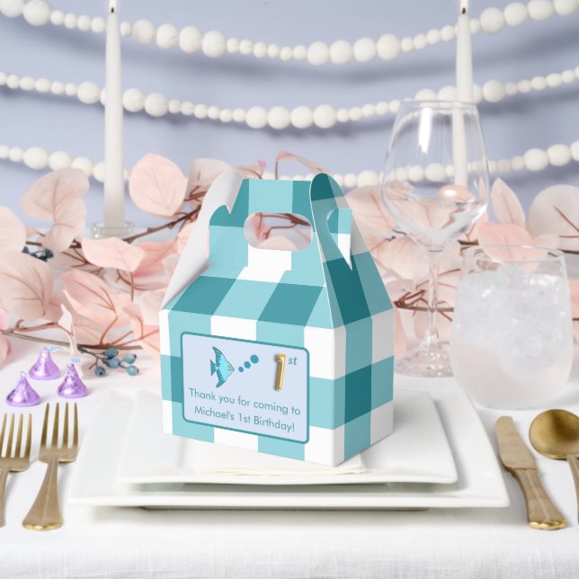 Ballotins Photo d'anniversaire 1 an Gingham sarcelle Poisson (Mariage)