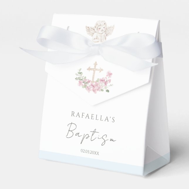 Ballotins Pink Floral Cross Angel Baptism Favor Boxes (Verso)