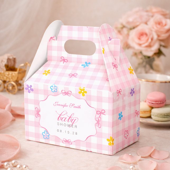 Ballotins Pink Gingham Floral Bow Baby Shower Favor Boxes (Créateur téléchargé)