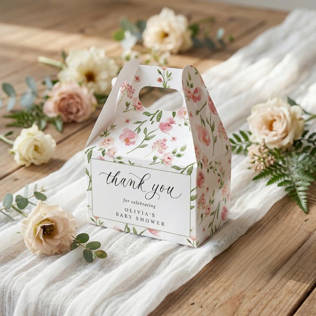Ballotins Pink Watercolor Floral Garden Baby Shower (Baby shower favor box with pink watercolor flowers and botanical garden design)