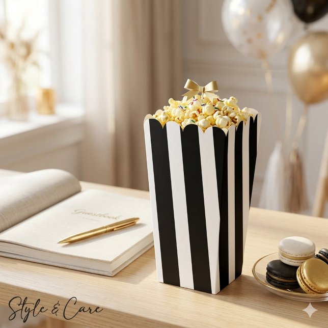 Ballotins Popcorn rayé noir et blanc classique brillant (Classic Bright Black and White Striped Popcorn Favor Boxes)