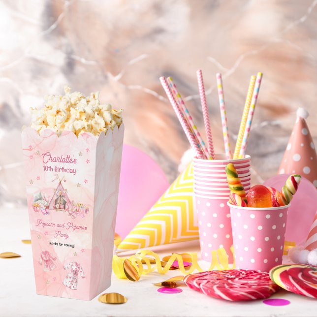Ballotins Popcorn rose et Pyjamas Swood fête d'anniversaire (Pink "Popcorn and Pajamas"  Slumber | Sleepover Birthday Party Popcorn Favor Box)