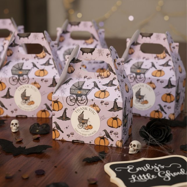 Ballotins Porte-bébé victorienne goth sur mesure Halloween (Cute Gothic Halloween Baby Shower Favor Boxes in Purple. Spooky Vintage Baby Carriage Pumpkins Bats)