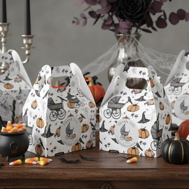 Ballotins Porte-bébé victorienne goth sur mesure Halloween (Cute Gothic Halloween Baby Shower Favor Boxes in White. Spooky Vintage Baby Carriage Pumpkins Bats)