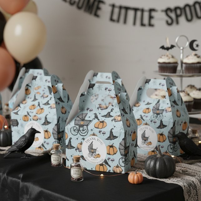 Ballotins Porte-bébé victorienne goth sur mesure Halloween (Cute Gothic Halloween Baby Shower Favor Boxes in Blue. Spooky Vintage Baby Carriage Pumpkins Bats)