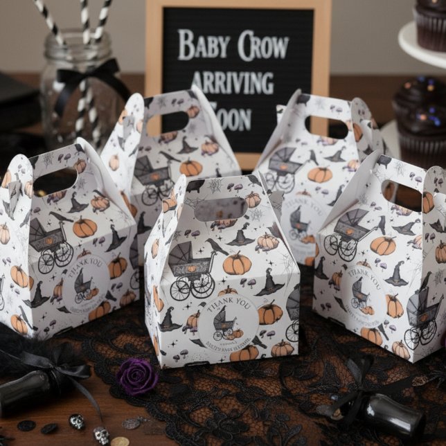 Ballotins Porte-bébé victorienne goth sur mesure Halloween (Cute Gothic Halloween Baby Shower Favor Boxes in Gray. Spooky Vintage Baby Carriage Pumpkins Bats)
