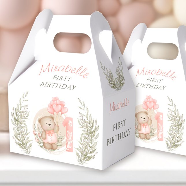 Ballotins Premier Anniversaire Mignonne Teddy Bear Ballons C (First Birthday Cute Teddy Bear Heart Balloons Favor Boxes)