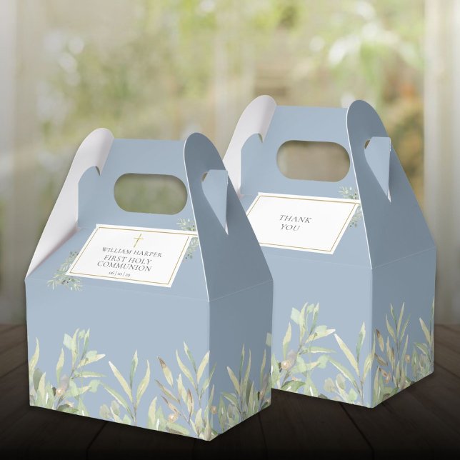 Ballotins Première communion élégante bleue avec verdure (Elegant Blue First Holy Communion Greenery Favor Boxes)