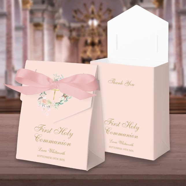 Ballotins Première Communion Florale Garland rose pâle (First Holy Communion Floral Garland Blush Pink Favor Box)
