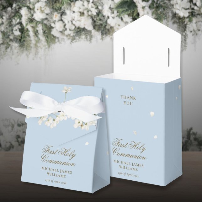 Ballotins Première Sainte Communion Fleur Blanche Fleuron Bl (First Holy Communion Floral White Blossom Blue Favor Boxes)